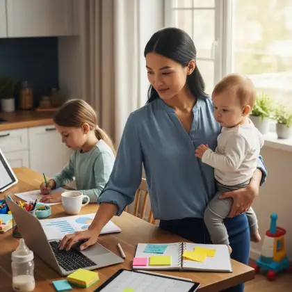 A woman At her desk, surrounded by colorful sticky notes, exemplifying multitasking and organizational skills.